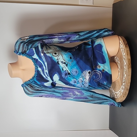 Forbidden Blue Ruffle Neck-line Sheer Balloon Sleeves Blouse - Picture 3 of 17